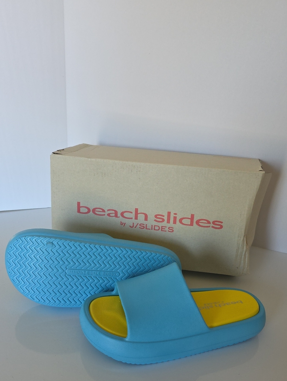 J/SLIDES Kids Light Blue Slide Sandals with Yellow Footbed